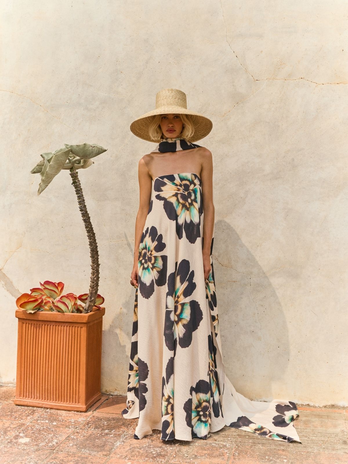 ganni beaded crepe mini dress Ivory and Cobalt Blue Floral Off Shoulder Maxi Dress main image 0